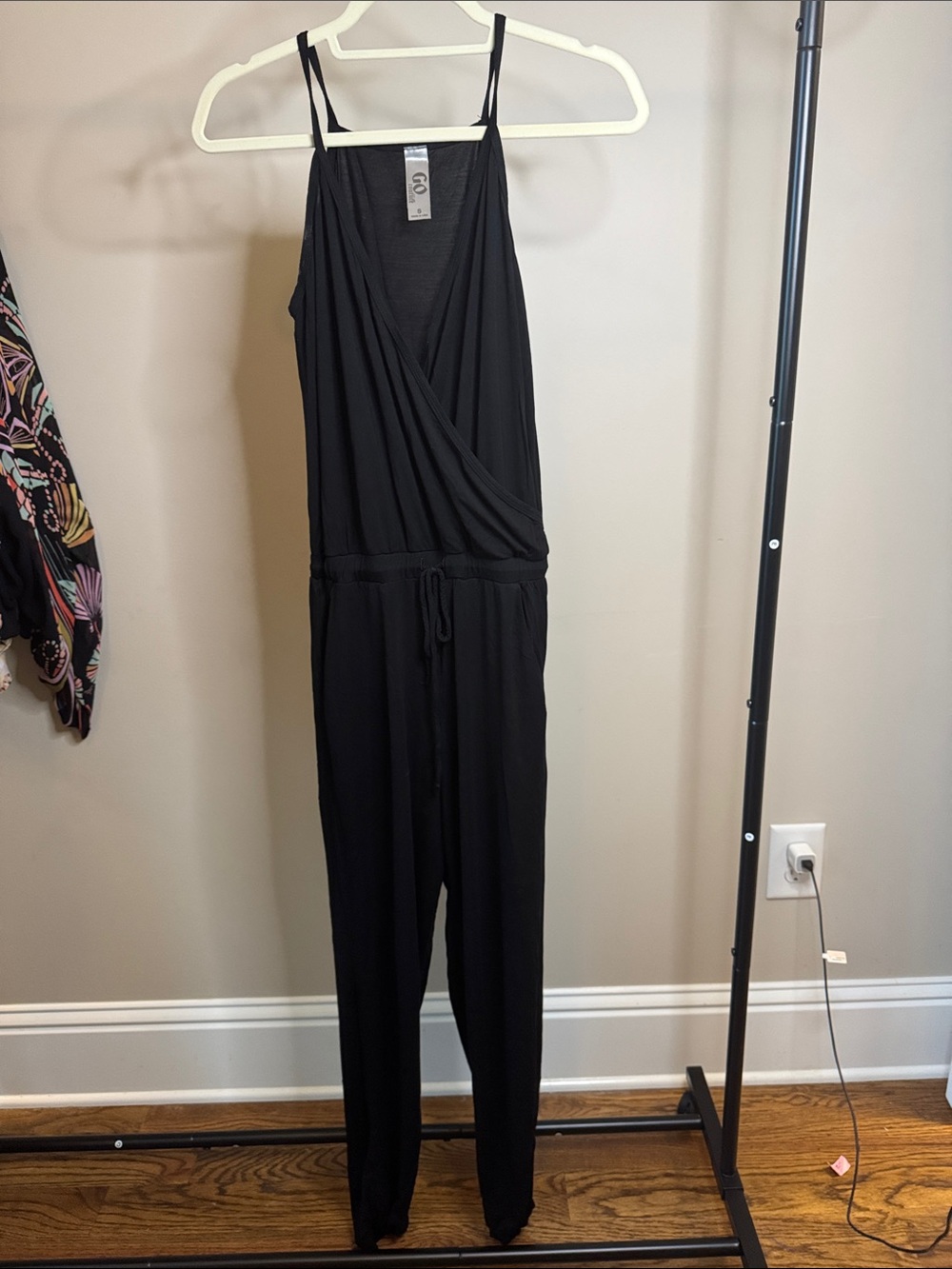 Go Couture Black Sleeveless Surplice Jumpsuit with Drawstring Waist